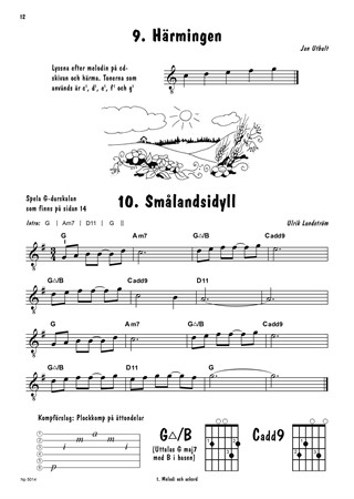 Exempel med notbild, ackord och illustration från Gitarrbus 2: Gitarrskola